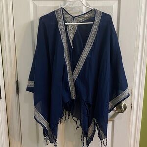 aerie Navy White Embroidered Trim Open Front Beach Wrap Summer Vacation Cotton